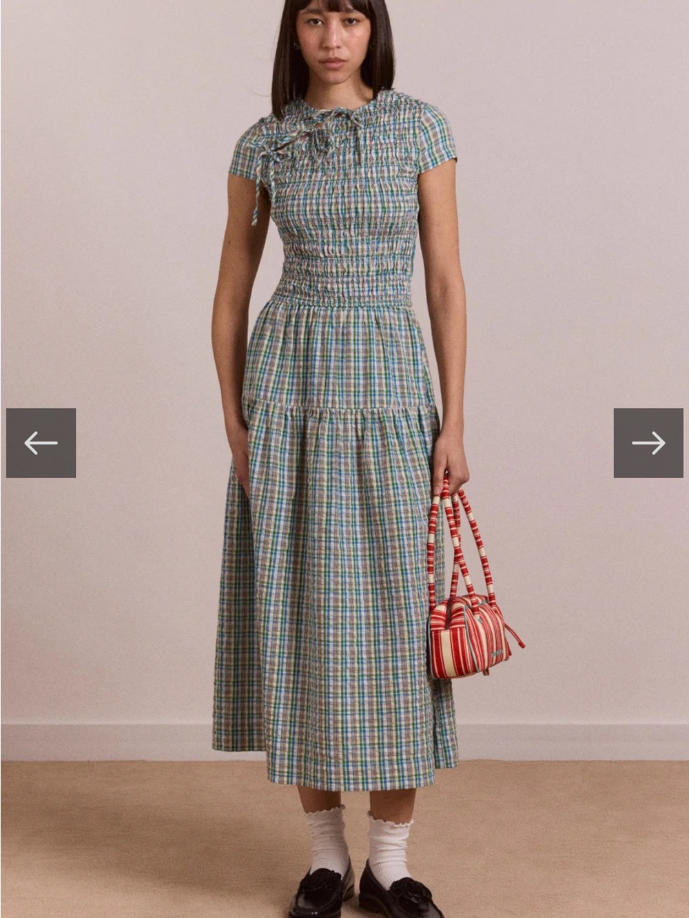 Damson Madder Smocked Waist Plaid Midi Dress in Blue-Green